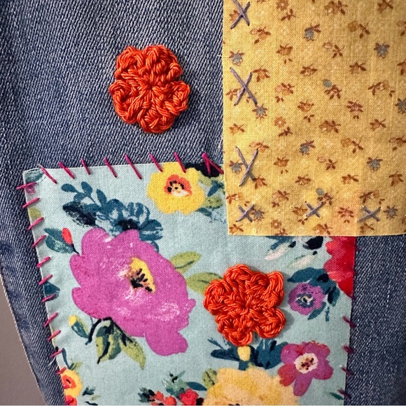 Old Navy up cycled mixed media Boho jeans with Bee Patches, 00AK Size 14, - Picture 8 of 9
